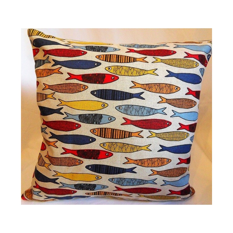 Housse coussin motifs sardines 55% lin 45% coton