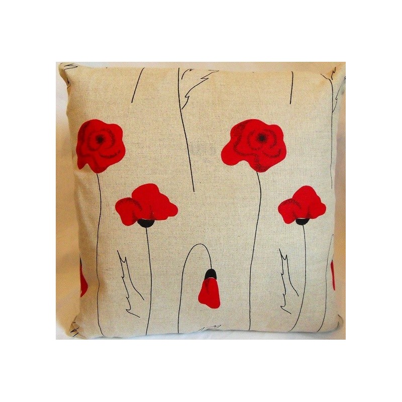 Housse coussin motifs coquelicots 55% lin 45% coton