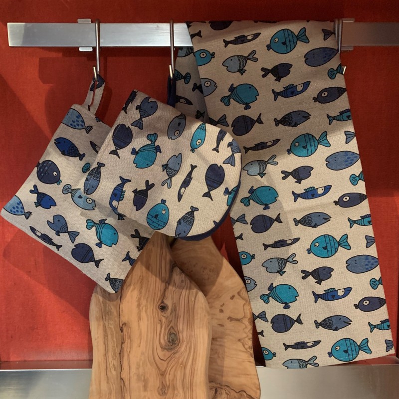 Torchon motif poissons bleus lin et coton Torchon motif poissons bleus lin et coton