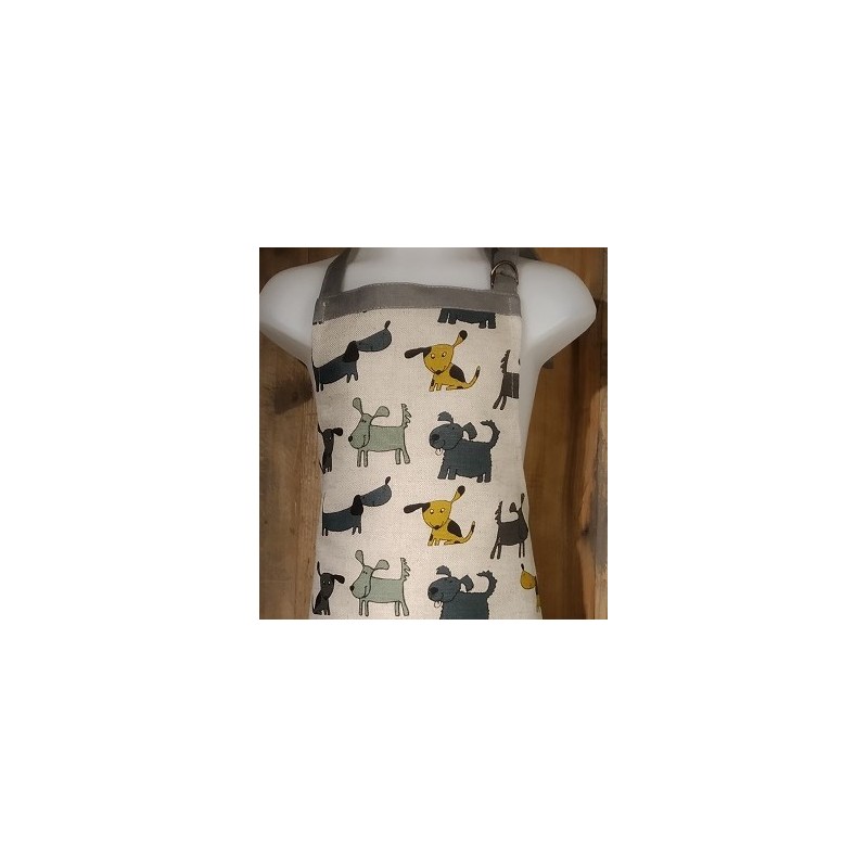 Tablier enfant lin et coton motifs chiens ocres gris